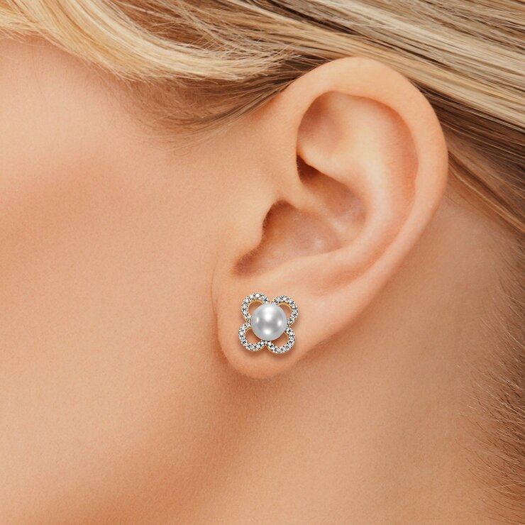 Aretes de Perlas Cultivadas y Diamantes 0.20ctw, , Oro Blanco de 14kt — Imagen 2 de 4