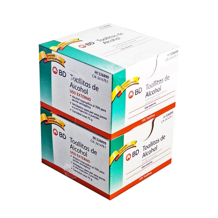 BD Toallitas de Alcohol 2 Cajas de 100 Piezas c/u — Imagen 2 de 2