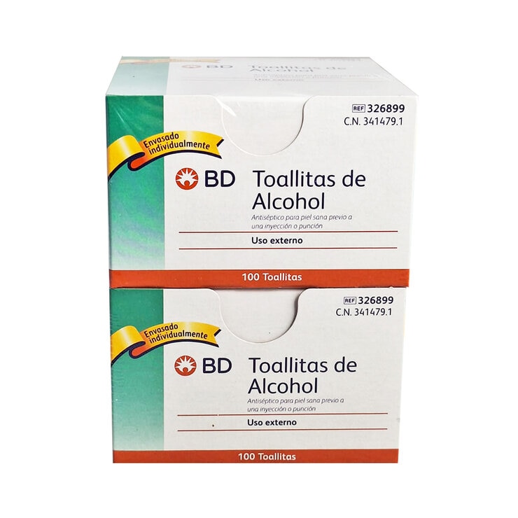 BD Toallitas de Alcohol 2 Cajas de 100 Piezas c/u — Imagen 1 de 2