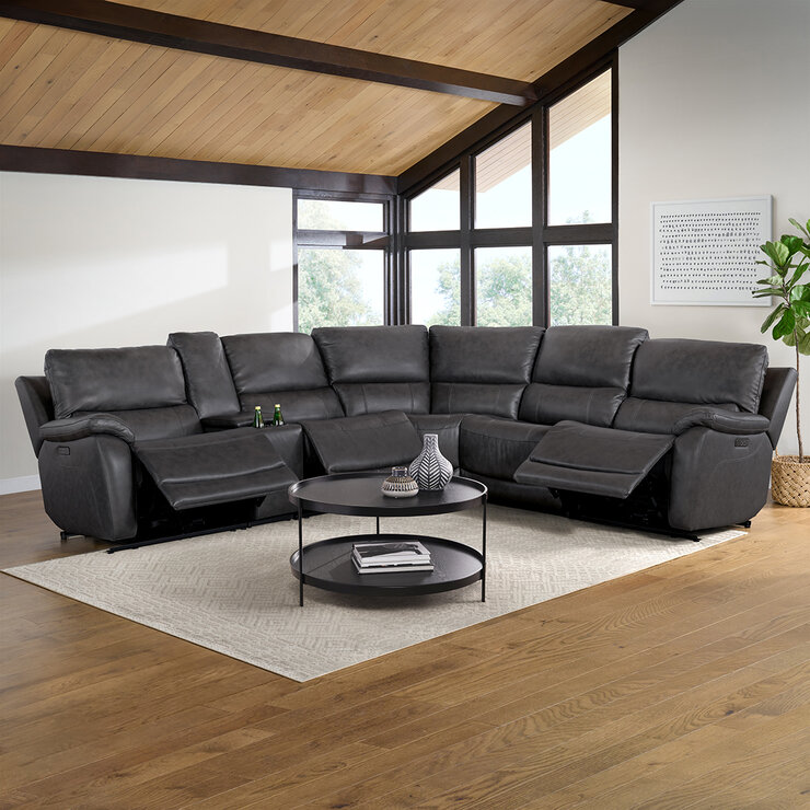 Gilmancreek Furniture, Sofá seccional reclinable de piel con sistema y cabeceras eléctricas — Imagen 1 de 4
