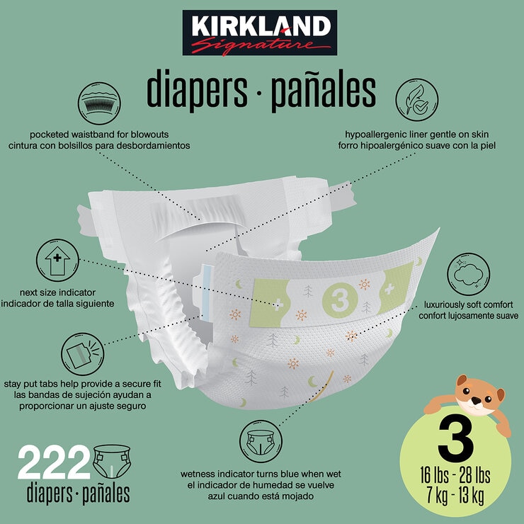 Kirkland Signature Pañales Etapa 3 Unisex 222 pzas — Imagen 3 de 4