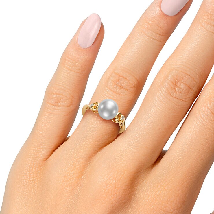 Anillo de Perlas Cultivadas, 8.0-9.0mm, con Diamantes 0.34ctw, de Oro Amarillo de 14K — Imagen 2 de 4