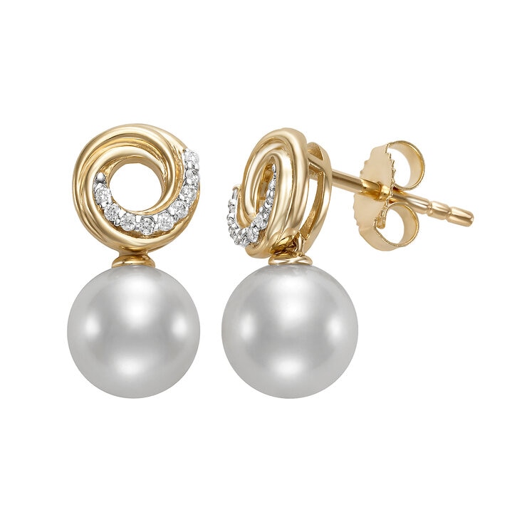 Aretes de Perlas Cultivadas, 7.5-8.0mm, con Diamantes .07ctw, Oro Amarillo de 14K