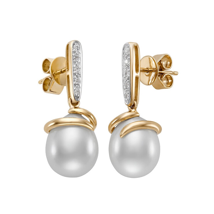 Aretes de Perlas Cultivadas, 9-10mm, con Diamantes .08ctw, Oro Dos Tonos de 14K — Imagen 2 de 4