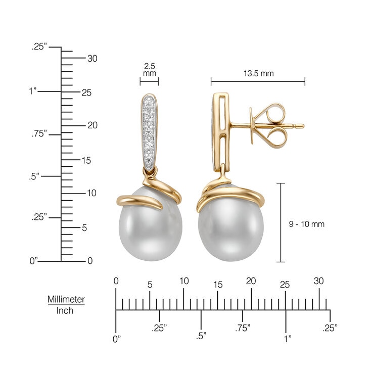 Aretes de Perlas Cultivadas, 9-10mm, con Diamantes .08ctw, Oro Dos Tonos de 14K — Imagen 3 de 4