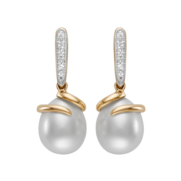 Aretes de Perlas Cultivadas, 9-10mm, con Diamantes .08ctw, Oro Dos Tonos de 14K — Imagen 4 de 4
