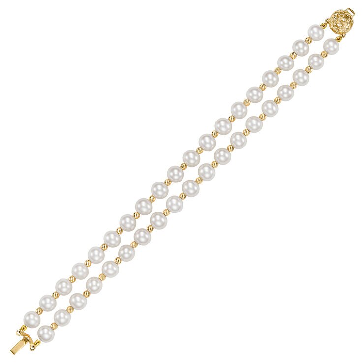 Pulsera de Perlas Cultivadas 7-8mm con Dos Filas, Oro Amarillo de 14K — Imagen 2 de 4