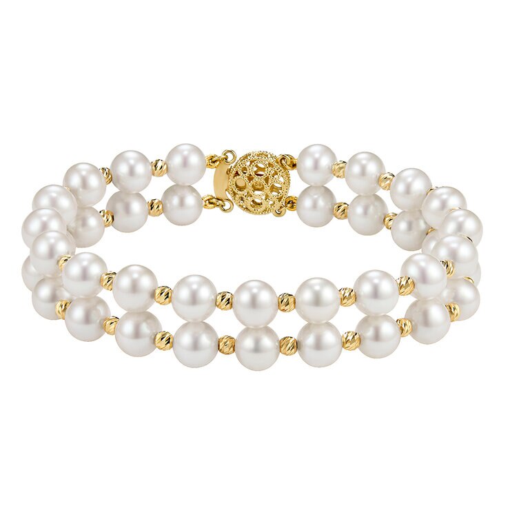 Pulsera de Perlas Cultivadas 7-8mm con Dos Filas, Oro Amarillo de 14K — Imagen 1 de 4