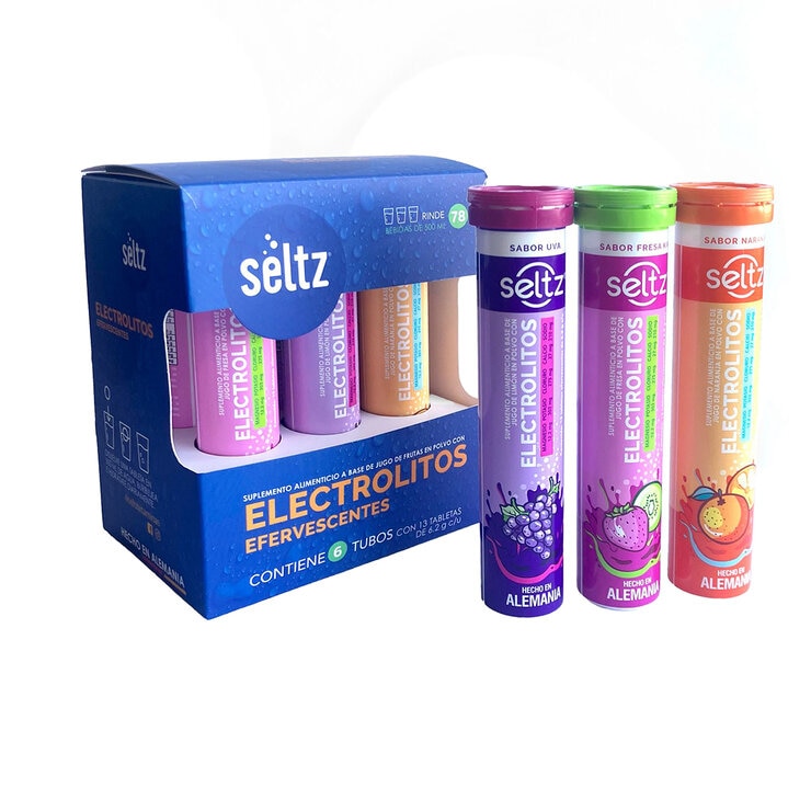 Seltz Electrolitos 6 Tubos de 13 Tabletas Efervescentes c/u Sabor Uva, Naranja y Fresa — Imagen 1 de 3