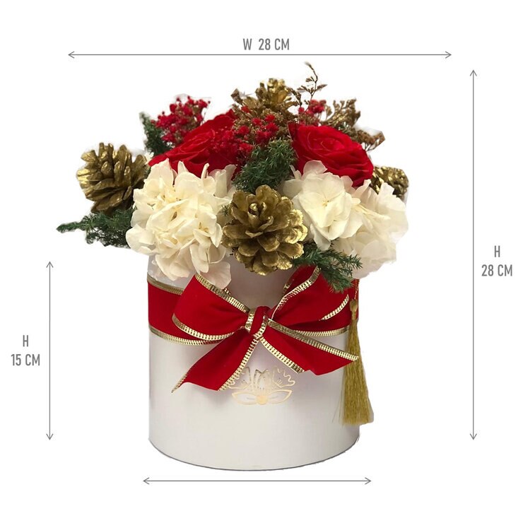 Palma & Jordan, Bouquet Navideño, Caja Blanca Listón de Terciopelo Rojo/Dorado — Imagen 2 de 4