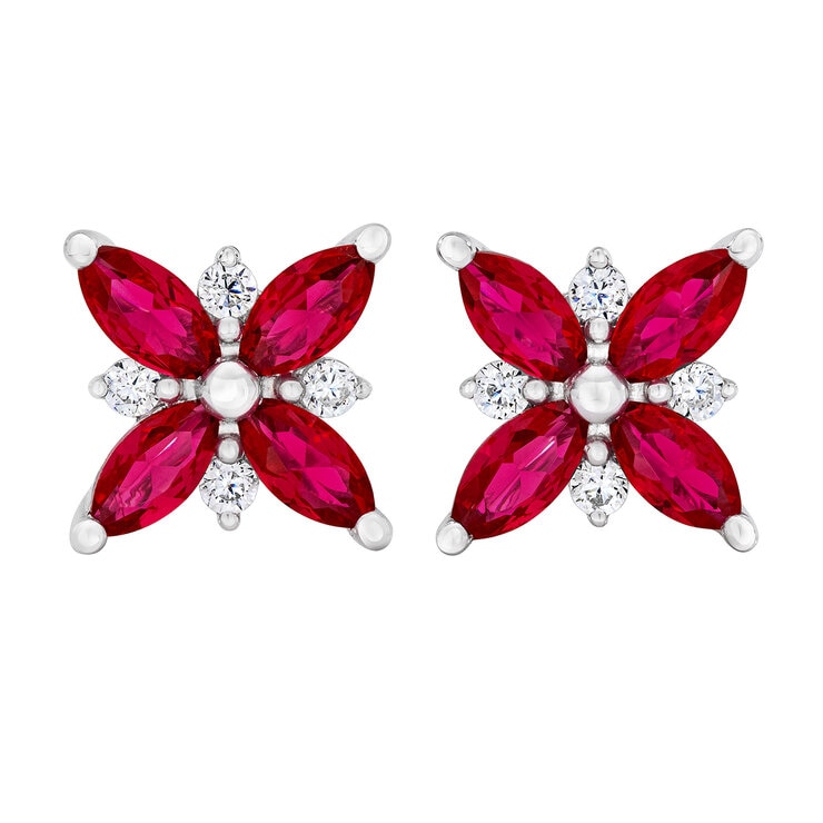 Aretes de Rubí y Diamantes 0.08ctw, Oro Blanco de 14K — Imagen 4 de 4