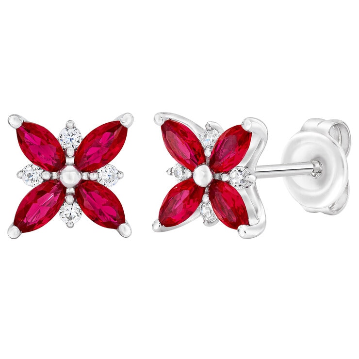 Aretes de Rubí y Diamantes 0.08ctw, Oro Blanco de 14K — Imagen 1 de 4