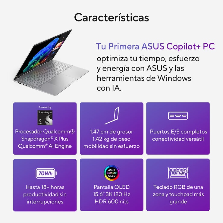 ASUS Vivobook S 15 Laptop Copilot+PC 15.6" 3K OLED Snapdragon X Plus 16GB 512GB SSD — Imagen 3 de 4