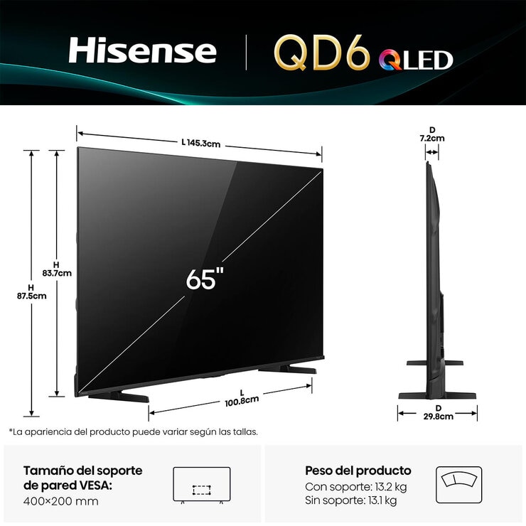 Hisense Pantalla 65" QLED 4K Smart TV — Imagen 3 de 4