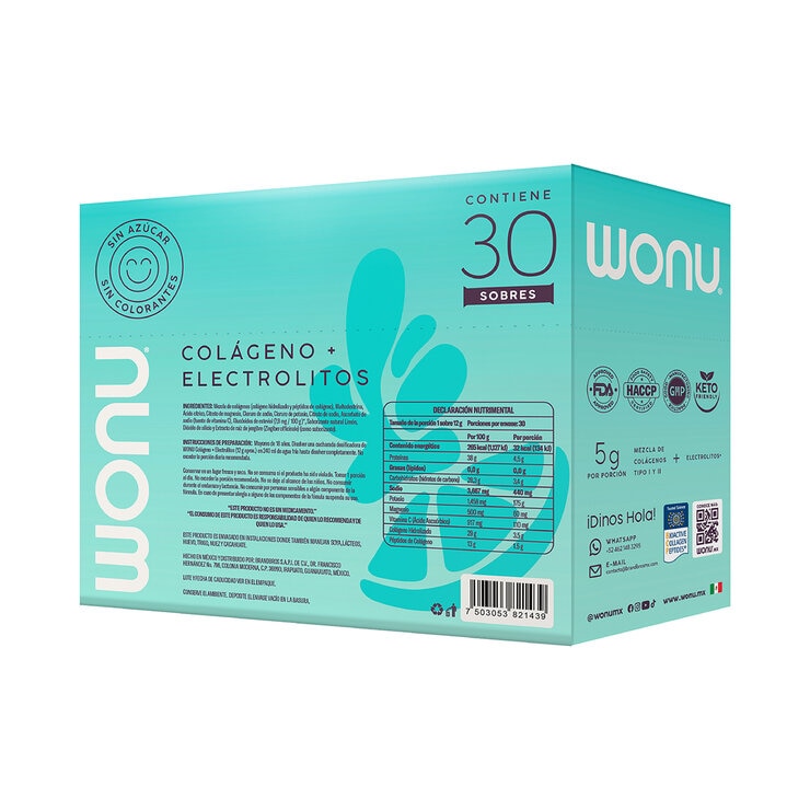 WONU Colágeno con Electrolitos en Polvo Sabor Limón-Jengibre 30 pzs de 12 gr — Imagen 2 de 4
