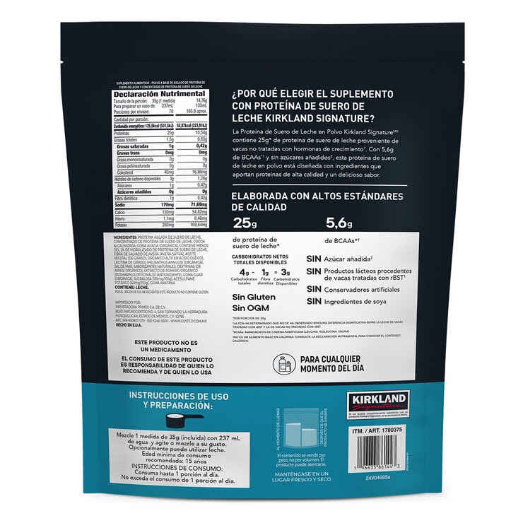 Kirkland Signature Whey Proteína de Suero de Leche en Polvo, Sabor Chocolate 2,45kg — Imagen 2 de 2