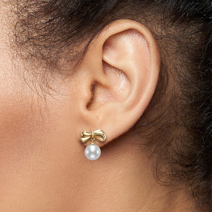 Aretes de Perlas Cultivadas Agua Dulce, 6.5-7.0mm, Oro Amarillo de 14K — Imagen 4 de 4