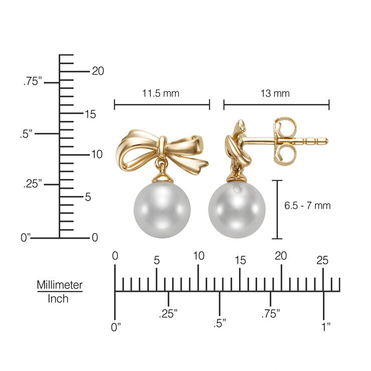 Aretes de Perlas Cultivadas Agua Dulce, 6.5-7.0mm, Oro Amarillo de 14K — Imagen 3 de 4