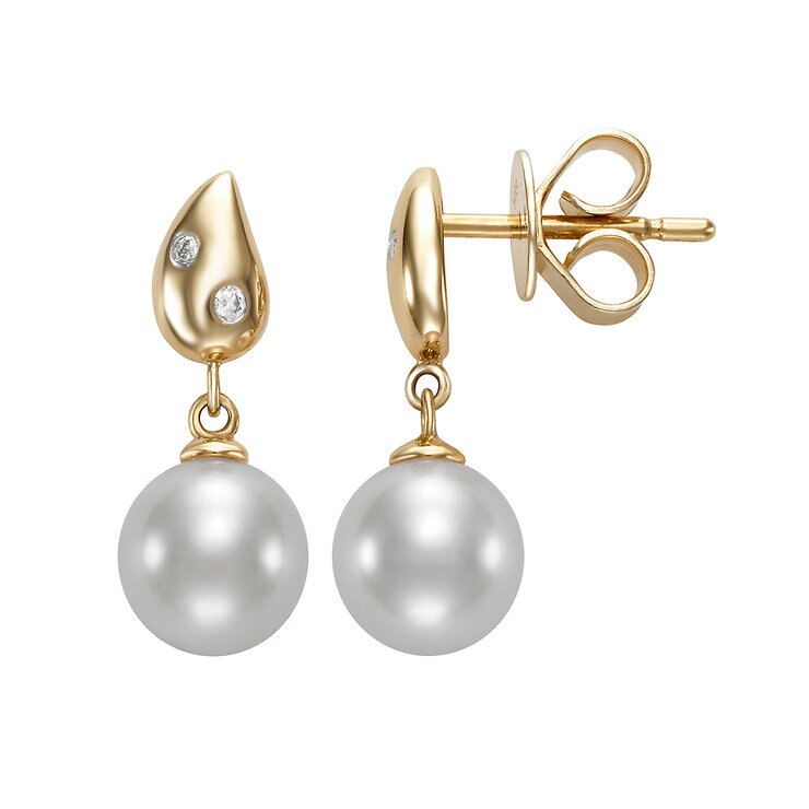Aretes de Perlas Cultivadas, 7-7.5mm, con Diamantes .04ctw, Oro Amarillo de 14K — Imagen 2 de 4