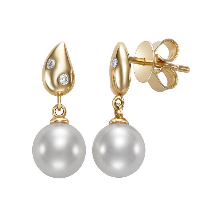 Aretes de Perlas Cultivadas, 7-7.5mm, con Diamantes .04ctw, Oro Amarillo de 14K — Imagen 1 de 4