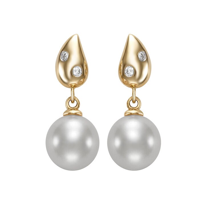 Aretes de Perlas Cultivadas, 7-7.5mm, con Diamantes .04ctw, Oro Amarillo de 14K — Imagen 3 de 4