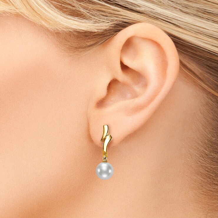 Aretes de Perlas Cultivadas Agua Dulce, 7.0-7.5mm, Oro Amarillo de 14K — Imagen 2 de 4