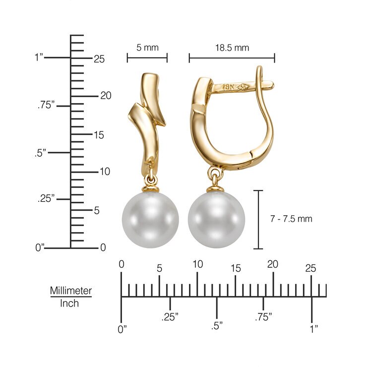 Aretes de Perlas Cultivadas Agua Dulce, 7.0-7.5mm, Oro Amarillo de 14K — Imagen 3 de 4