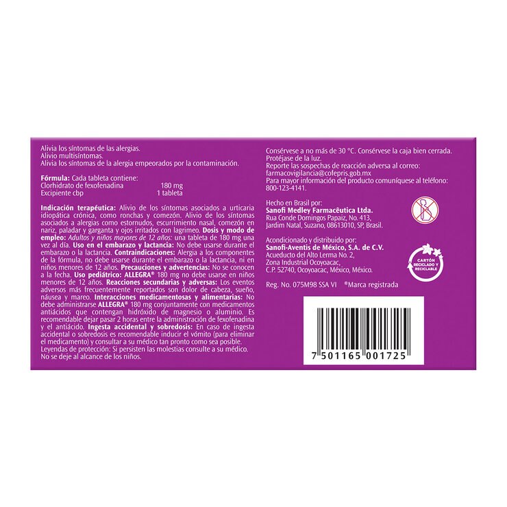 Allegra Tabletas 180mg 2 Cajas de 10 Tabletas c/u — Imagen 2 de 4