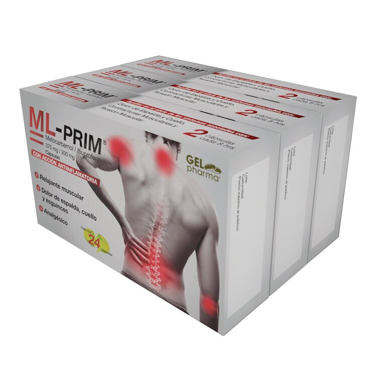 ML PRIM Metocarbamol / Ibuprofeno 4 Cajas de 24 Cápsulas c/u — Imagen 1 de 2