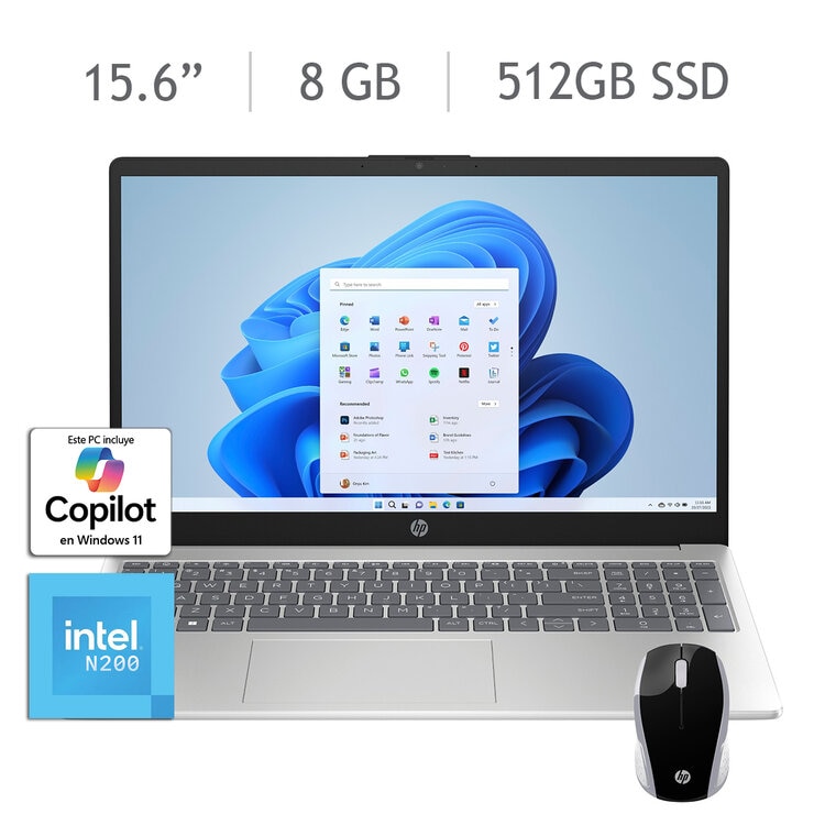 HP 15-fd0037la Laptop 15.6" HD Intel N200 8GB 512GB + HP 200 Mouse — Imagen 1 de 4
