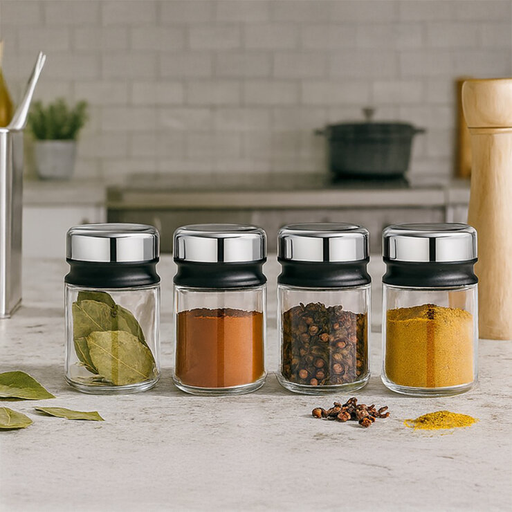 WMF Set de 4 Especieros de Vidrio con Tapa de Acero Inoxidable