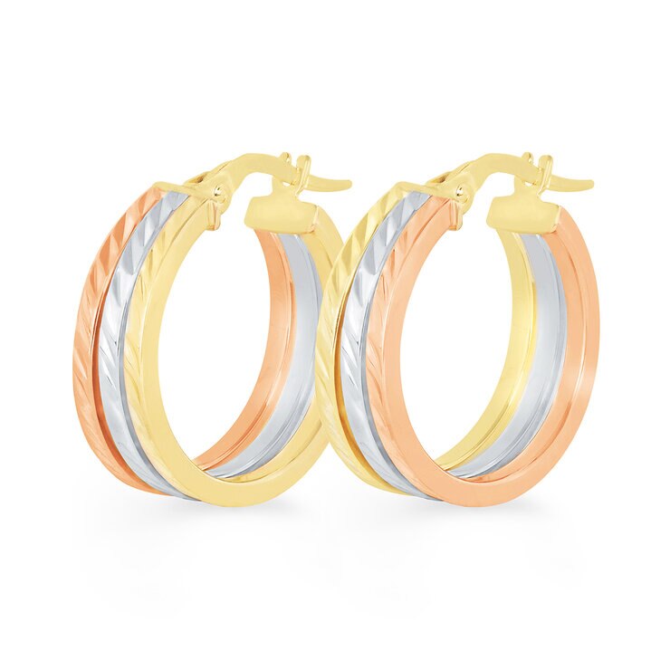 Aretes de Triple Fila, Oro Tricolor de 14K — Imagen 3 de 4
