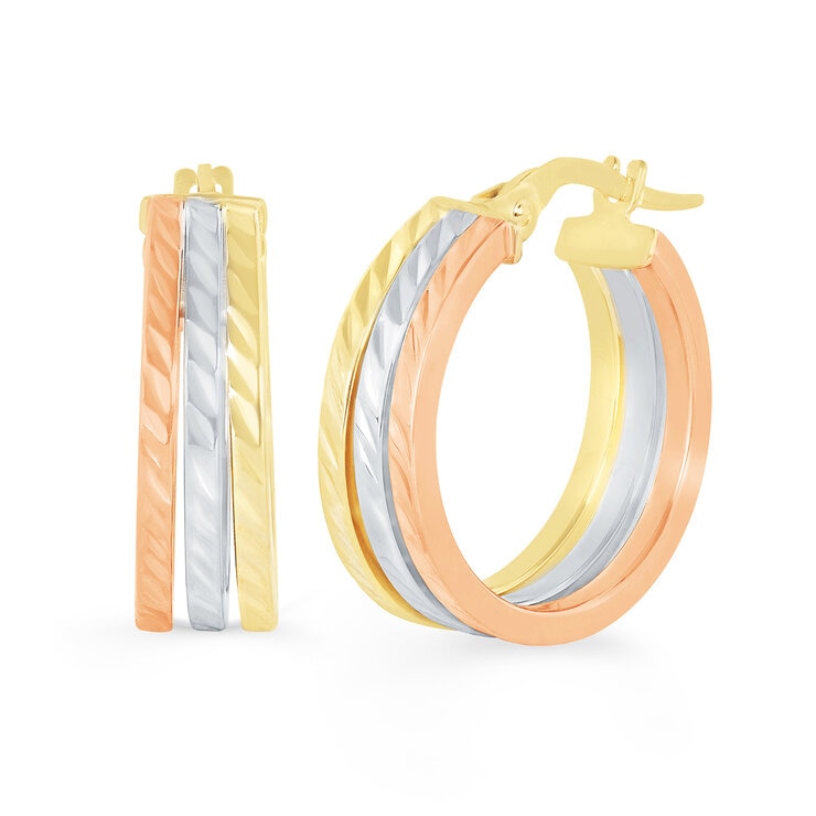 Aretes de Triple Fila, Oro Tricolor de 14K
