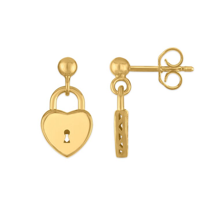 Aretes de Candado de Corazon, Oro Amarillo 14K — Imagen 3 de 4