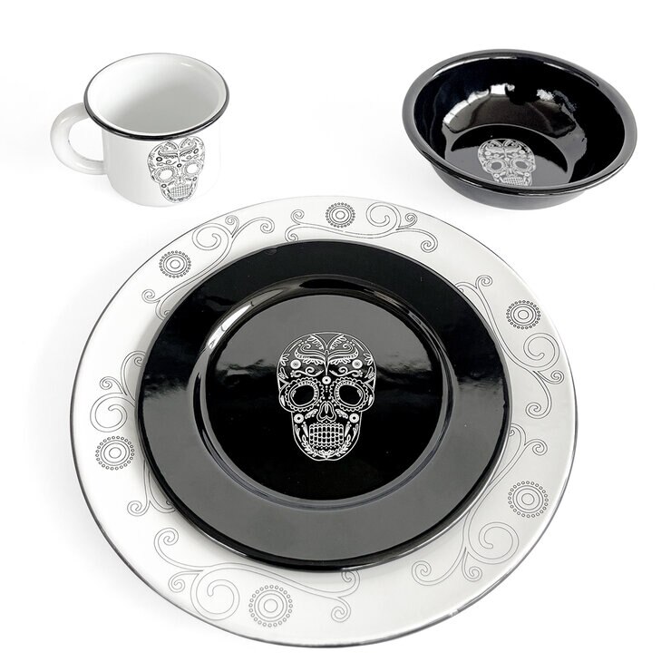 Baro Industrial, Vajilla Peltre, Diseño Calavera, 16 piezas — Imagen 3 de 4