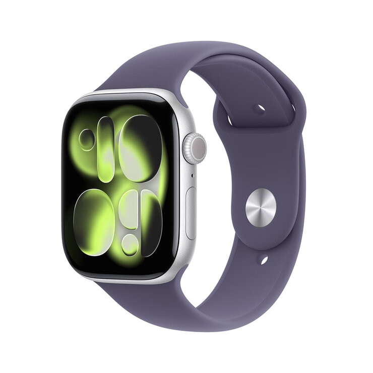 Apple Watch Series 11 (GPS) 46mm Aluminio Plata + Correa Deportiva Morado Niebla - Talla M/L