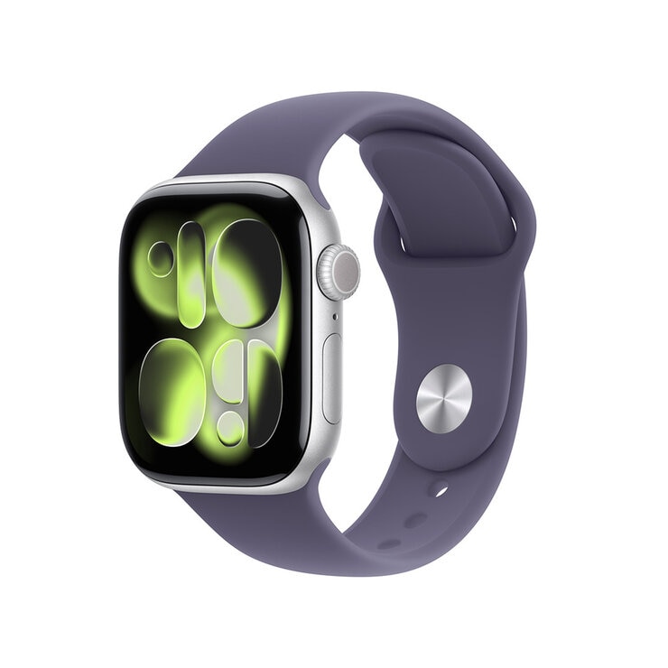 Apple Watch Series 11 (GPS) 42mm Aluminio Plata + Correa Deportiva Morado Niebla - Talla S/M