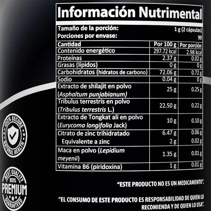 Proyectile Maca, Tongkat Ali, Shilajil y Tribulus Terrestris 180 Cápsulas — Imagen 2 de 4