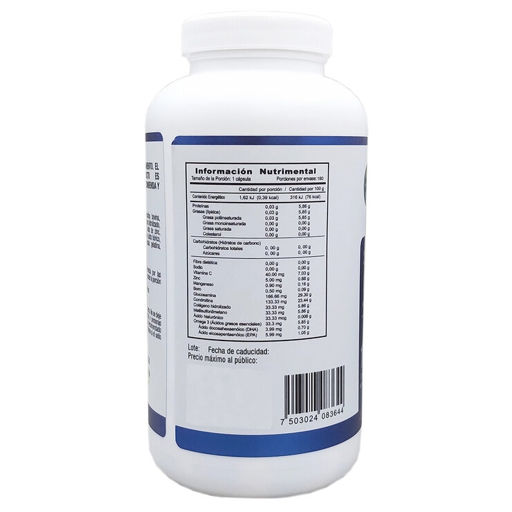 JustFX Glucosamina Condroitina, Ácido Hialurónico, Colágeo, Zinc y Boro Frasco de 180 Cápsulas — Imagen 2 de 2