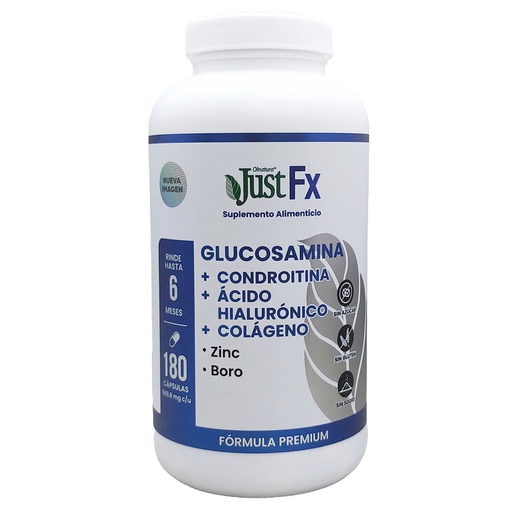 JustFX Glucosamina Condroitina, Ácido Hialurónico, Colágeo, Zinc y Boro Frasco de 180 Cápsulas — Imagen 1 de 2