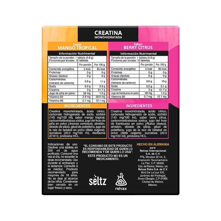 Seltz Creatina Monohidratada 6 Tubos de 12 Tabletas Efervescentes c/u Sabor Mango y Berry