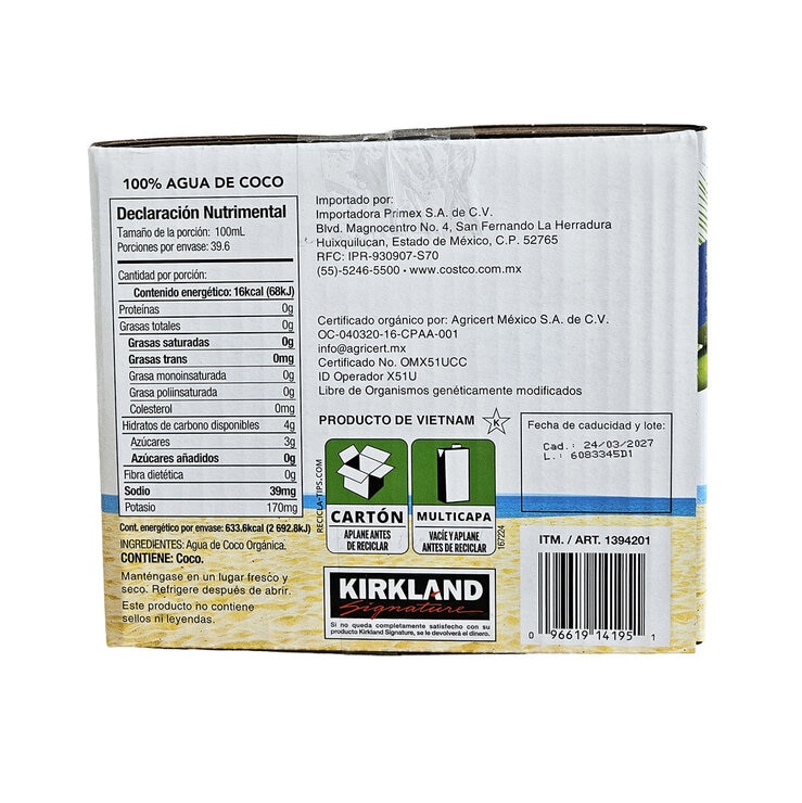 Kirkland Signature Agua de Coco Orgánica 12/330 ml — Imagen 3 de 4