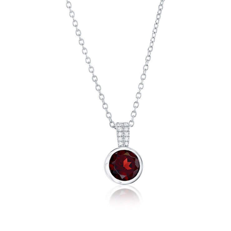 Collar de Granate Rojo Redondo, Oro Blanco 14k