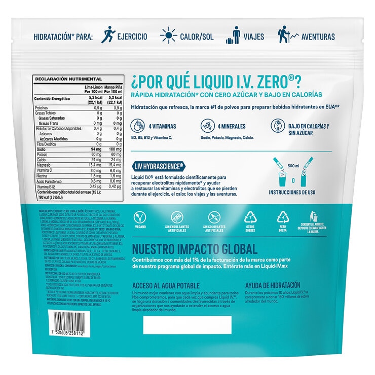 Liquid I.V. Electrolitos en Polvo Sabor Mango-Piña y Lima-Limón 30 pzas de 10 g — Imagen 2 de 4