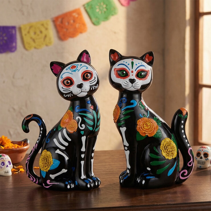 Gatos Decorativos de Día de Muertos, Juego de 2 Pzas.