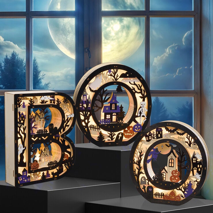 Letras de Madera para Halloween Iluminadas, Modelo BOO