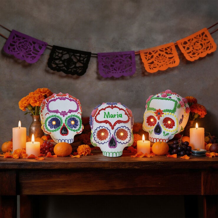Figuras de Calaveritas de Azúcar con Luces LED, Juego de 3 Pzas.