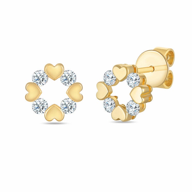 Aretes de Diamantes 0.30ctw con Corazones, Oro Amarillo 14K