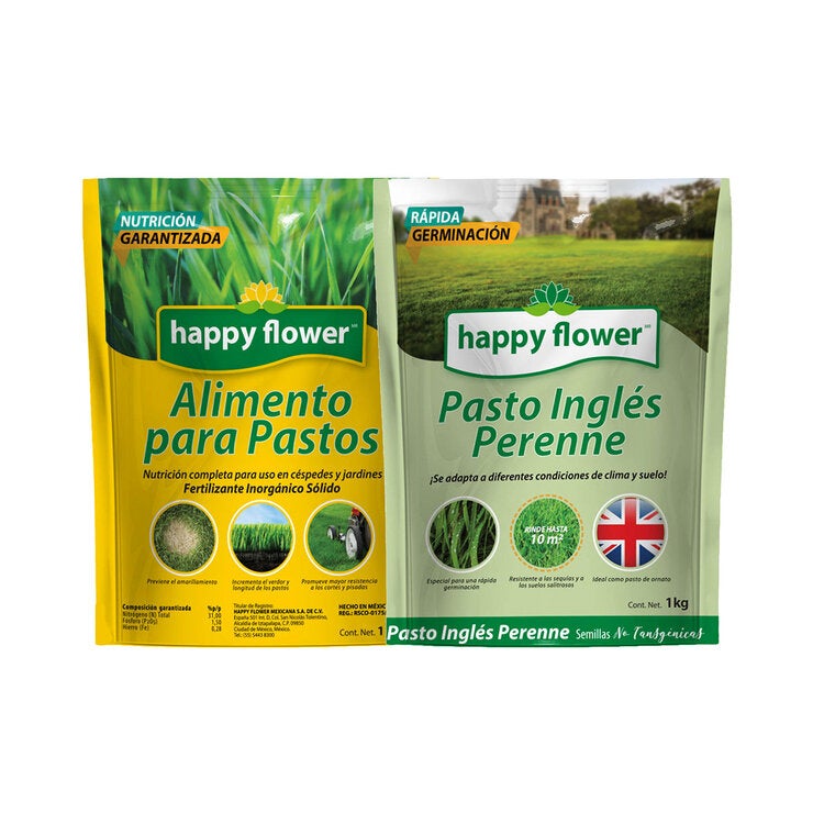 Happy Flower, Kit, 1 Kg Semilla Pasto Inglés Perenne + 1 kg Alimento para Pasto