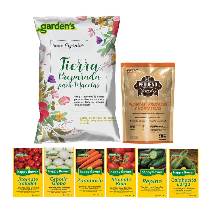 Happy Flower, Kit de Siembra para Huerto, 6 Variedades de Semillas de Hortalizas + 4kg de Tierra + Alimento para plantas